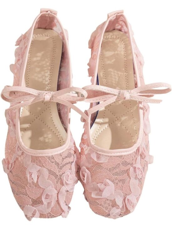 Shoes - Women's Pink Closed Toe Floral Lace Mesh Comfortable Pull On Ballet Flats
